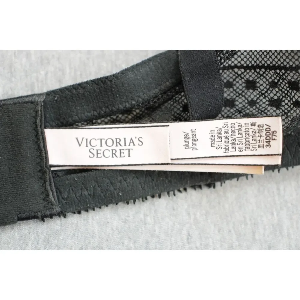 Victoria's Secret Bra Womens 34DDD Black Incredible Plunge Lace Adjustable Strap